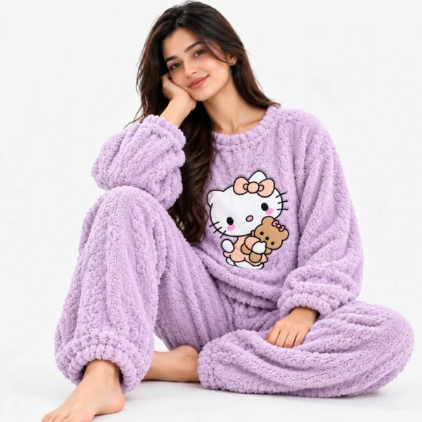 Women's Cute Knitted Warm Fleece Winter Nighty Suit