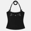 Black cat print top for girls flat lay featuring lace trim and halter neck tie design.