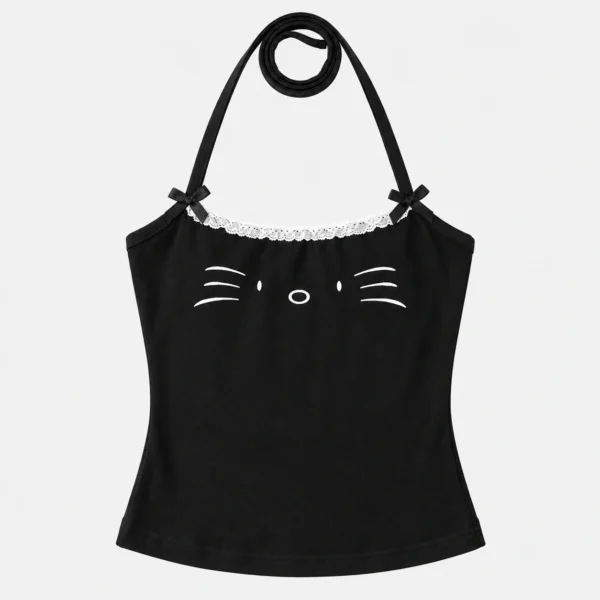 Black cat print top for girls flat lay featuring lace trim and halter neck tie design.