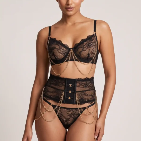 3 Piece Black Lace Lingerie Set for Women
