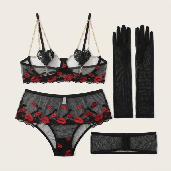 Red Lip Mesh Bra Panty Set