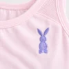 Close-up of breathable cotton camisole texture and purple bunny embroidered motif on pink cotton camisole.