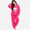 Pink hello kitty fleece pajamas and warm nightwear for women.