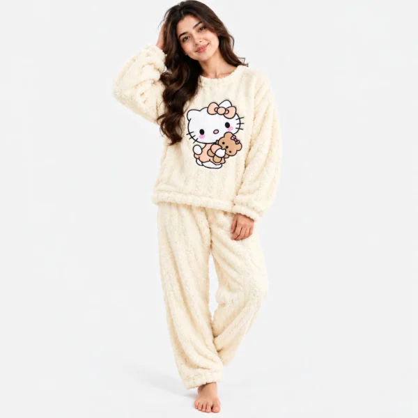 Cream white hello kitty fleece pajamas cozy winter pajama set women.