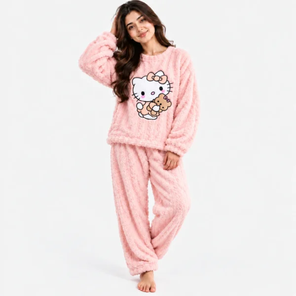 Red hello kitty winter sleepwear and women's fleece pajamas set.