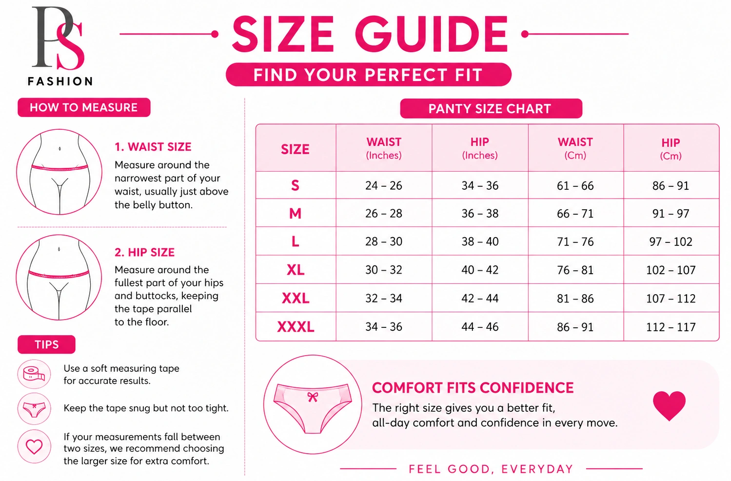 How to measure panty size with waist and hip size chart