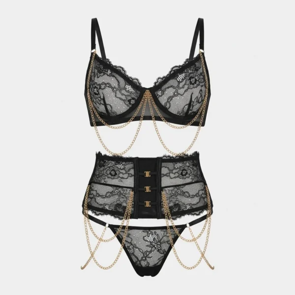 3 Piece Black Lace Lingerie Set for Women