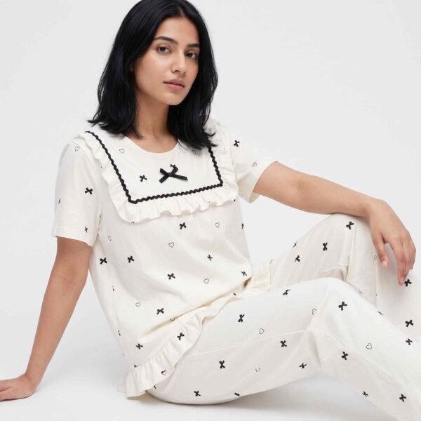 Ruffle Heart Print Pajama Set for Women Pakistan