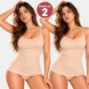 Pack of 2 nude beige spaghetti strap camisoles for women with decorative trim.