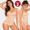 Pack of 2 nude beige women's spaghetti strap camisole slips with side slits.