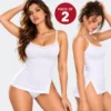 Pack of 2 white spaghetti strap camisole slips with side slits for women.