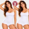 Pack of 2 white spaghetti strap camisoles for women with lace neckline trim.