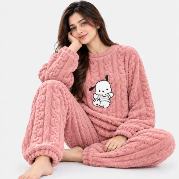 Pink cozy winter night suit for women featuring cartoon print knitted pajama set.