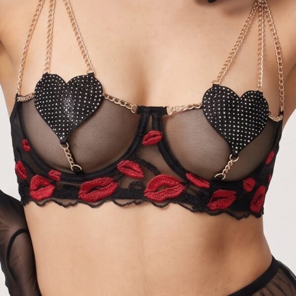 Red Lip Mesh Bra Panty Set