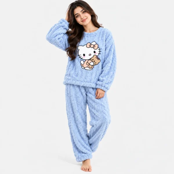 Sky blue fleece sleepwear women hello kitty pajama set for winter.