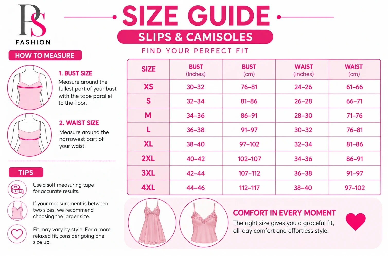 Slips & camisoles size guide chart showing bust and waist measurements from XS to 4XL