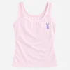 Women's cotton camisole flat lay featuring broad strap camisole and purple embroidered bunny.