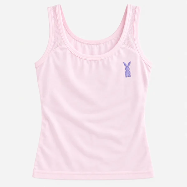 Women's cotton camisole flat lay featuring broad strap camisole and purple embroidered bunny.