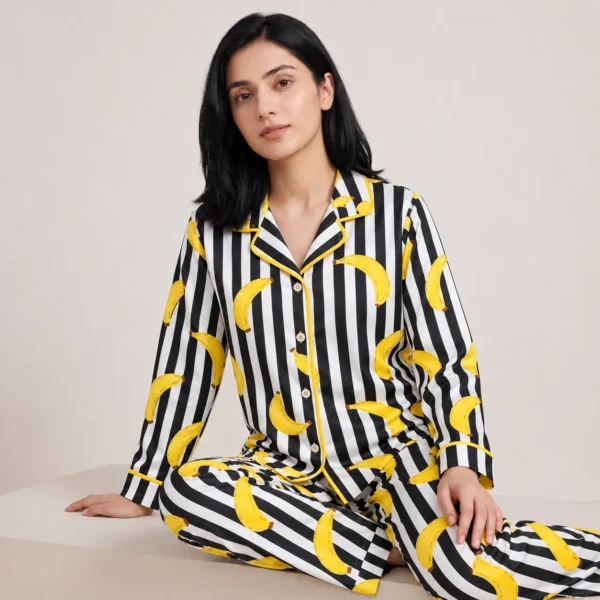 Banana Print Striped Pajama Set for Women