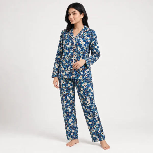 Navy Floral Button Pajama Set for Women Pakistan
