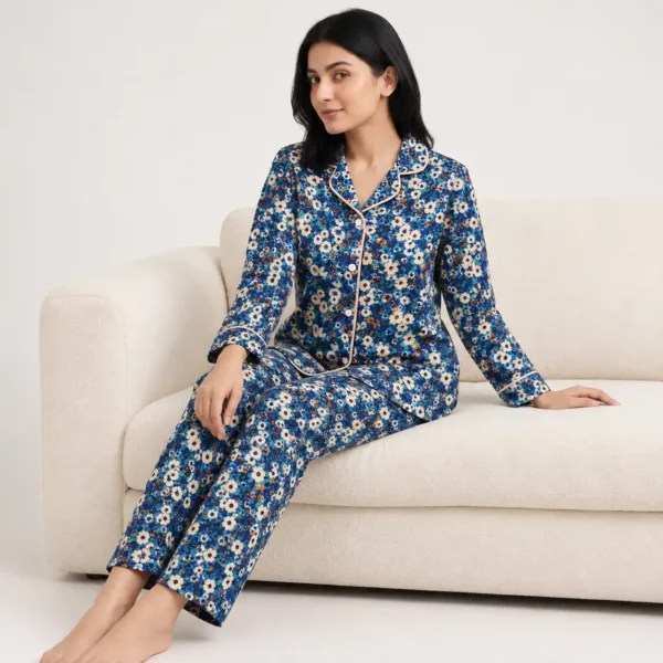 Navy Floral Button Pajama Set for Women Pakistan