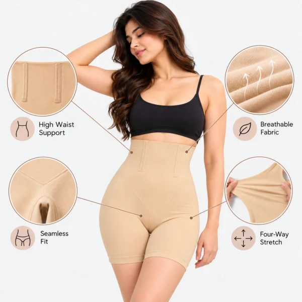 High waist body shaper nude color aur women's tummy shaper shorts.