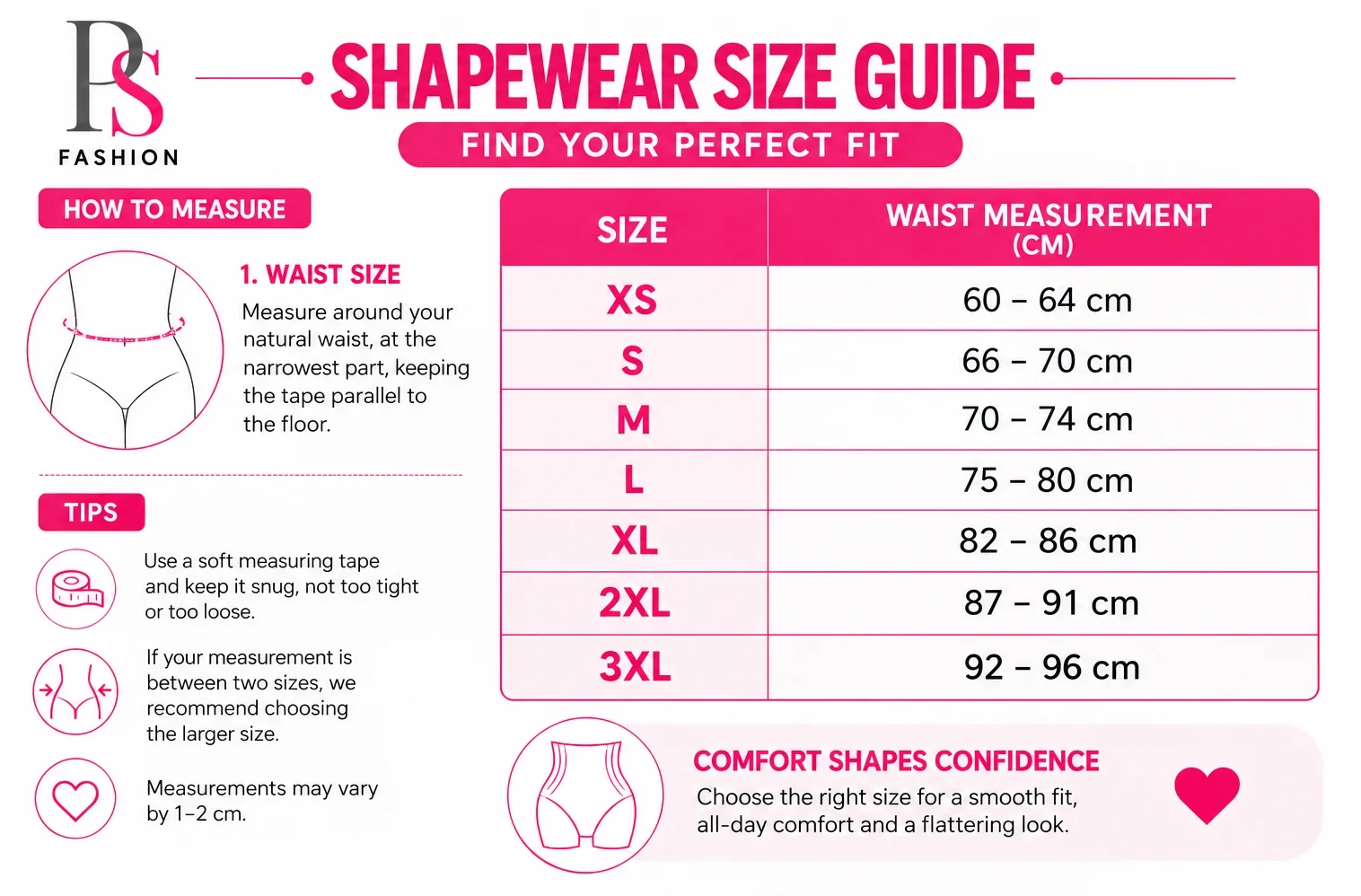 Shapewear size guide chart showing XS to 3XL waist measurements in centimeters